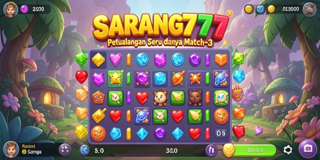 Tampilan menarik gameplay SARANG777 dengan elemen Match-3 yang berwarna-warni.