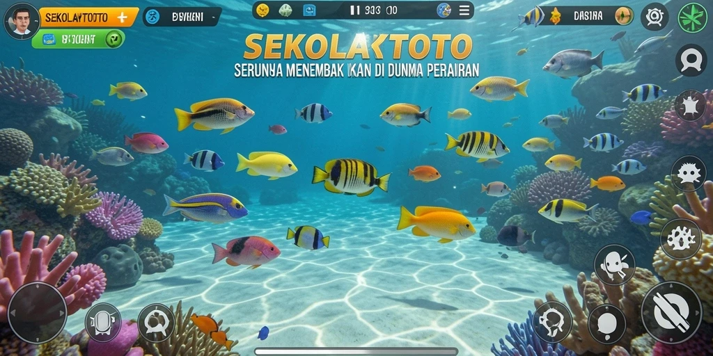 Screenshot gameplay <strong>SEKOLAHTOTO</strong> dengan aksi menembak ikan yang seru.