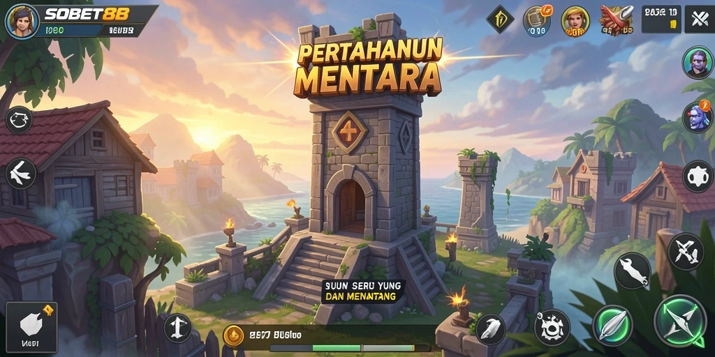Screenshot gameplay SOBET88 dengan pertahanan menara yang strategis.
